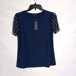 Tiana B Blue Top Beaded Mesh Sleeves Size XS NWT Elegant Short Sleeve Blouse